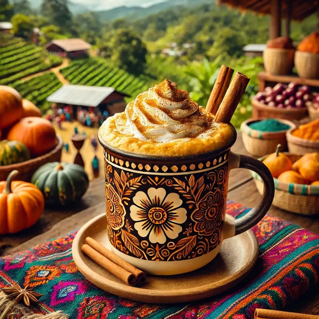 DALL·E 2024-10-15 11.59.42 - A pumpkin spice latte with Guatemalan flair, placed on a rustic wooden table. The cup is decorated with cinnamon sticks, whipped cream, and a dusting 