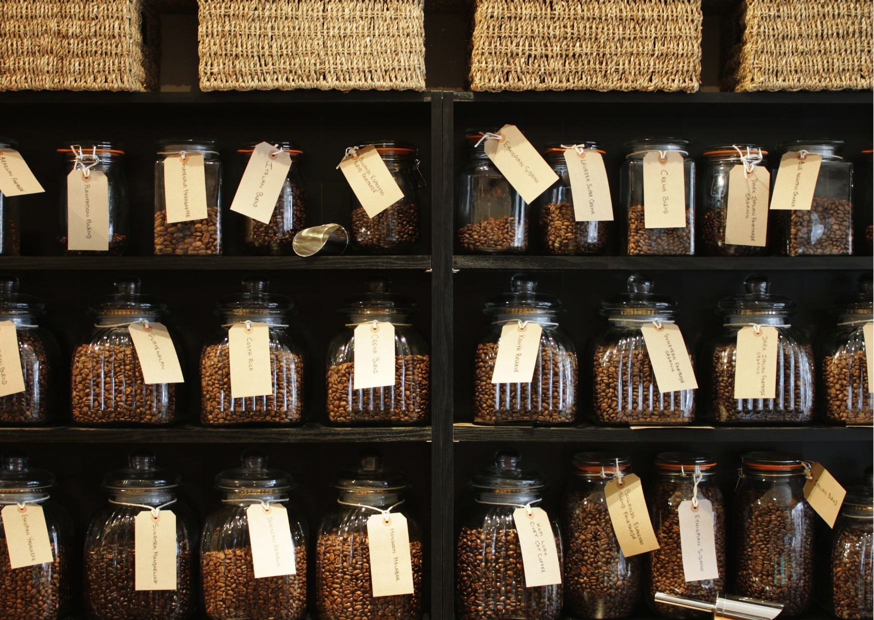 Variedades de tipos de café en exhibición.